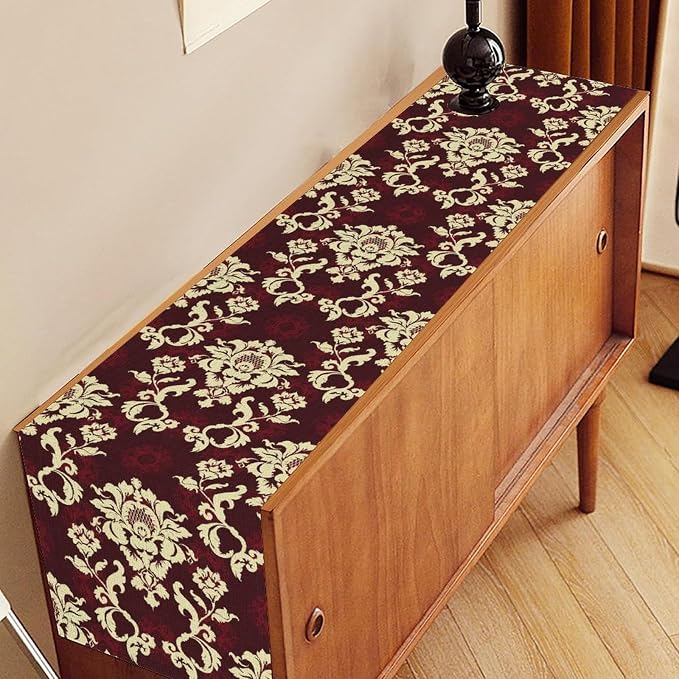 Red Damask Table Runner, Gothic Boho Baroque Style Floral Flower Antique - Image 3