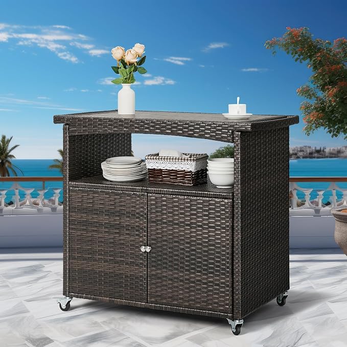 Outdoor Bar Cart with Storage Cabinet Patio Wicker Sideboard Buffet Cabinet - Image 4