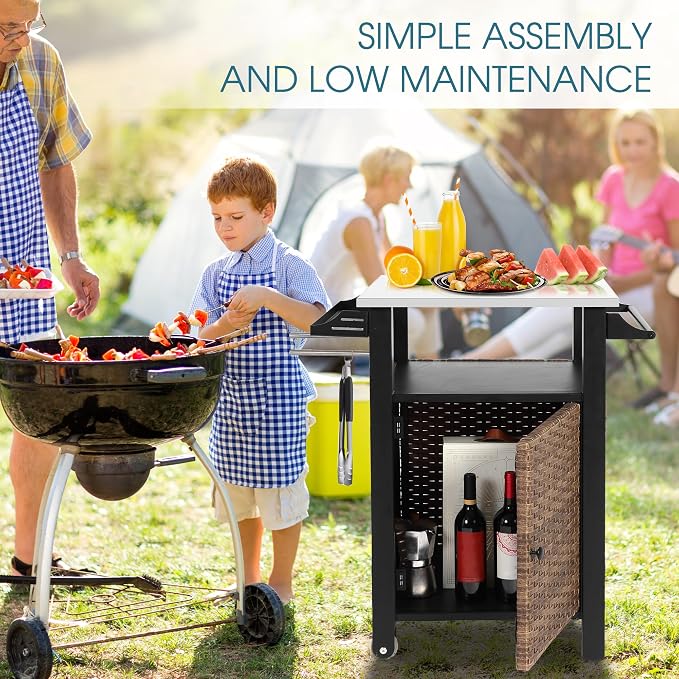Grill Cart Outdoor with Wheels, Outdoor Prep Table with Wicker Storage and - Image 7