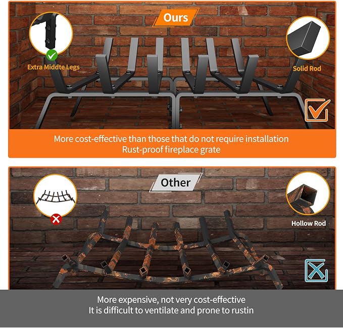 Heavy Duty 24Inch Fireplace Grate, Solid Steel Log Rack - Image 6