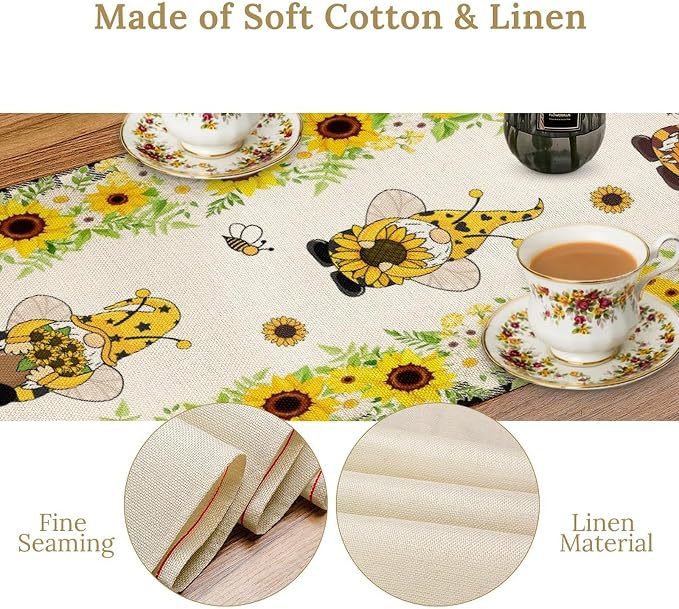 Summer Sunflower Gnome Table Runner, Buffalo Plaid Bee Farmhouse Seasonal Table - Image 4