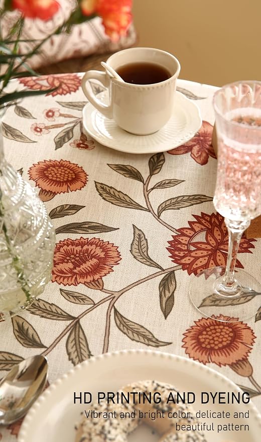 ISAENNE Designer French Small Round Tablecloth, Linen Orange Floral Pattern - Image 5