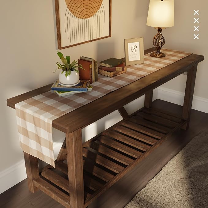 Encasa XO Cotton Dining Table Runner | Buffalo Beige Checks | Size 13x104 in - Image 2