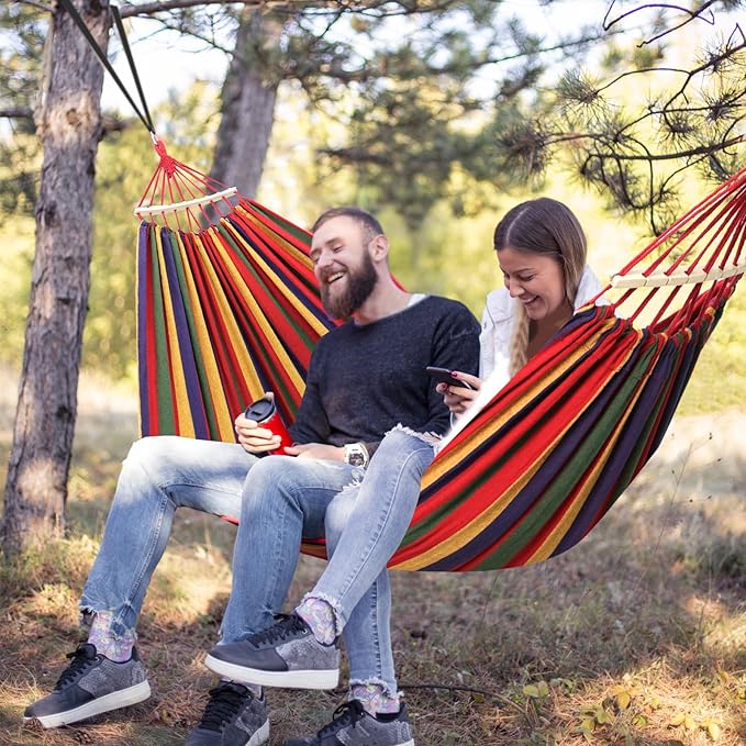 Hammocks Red Striped Cotton with Spreader Bars and Pillow