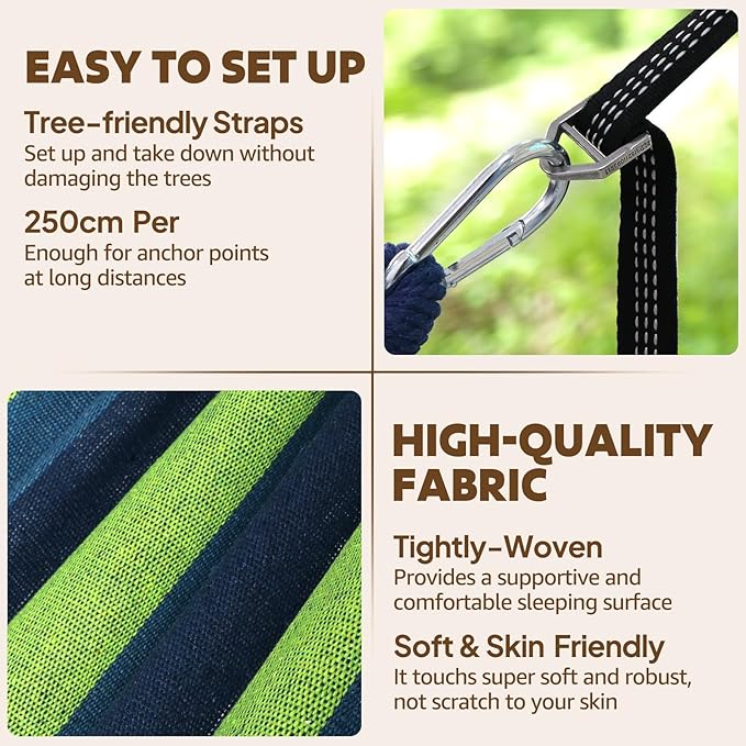 Hammock with Pole, Cotton Camping Hammock in Blue Green Stripes