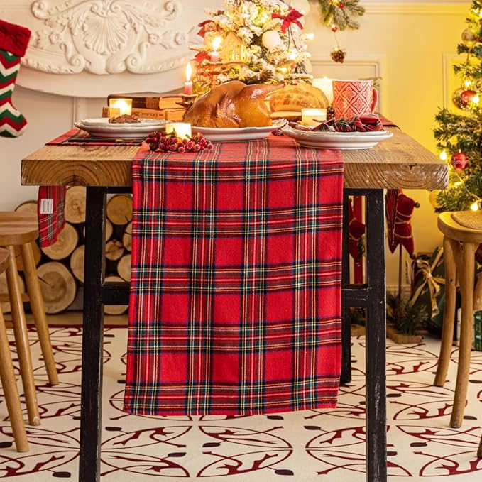 Red Green Plaid Christmas Table Runner, Winter Holiday Table Runners 72 inches by AQOTHES