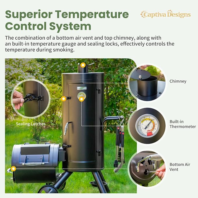 Captiva Designs Charcoal Vertical Smoker Grill and Offset Smoker Grill Combo - Image 5