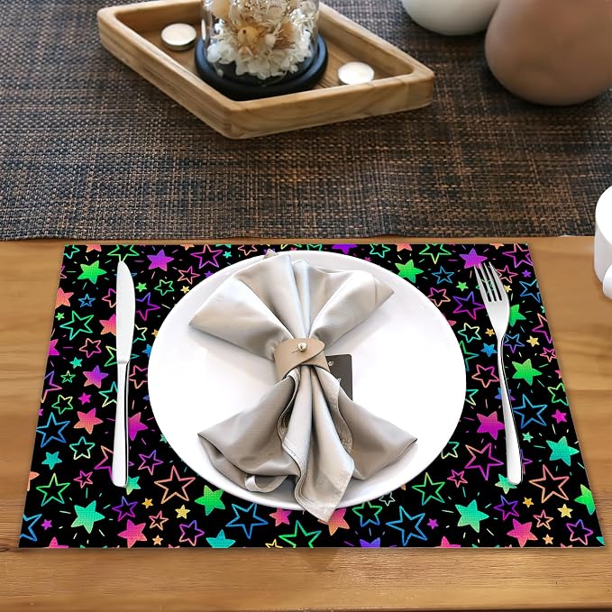 Neon Stars Placemats Set of 6 Linen Heat Resistant, Rainbow Glittering Table - Image 5