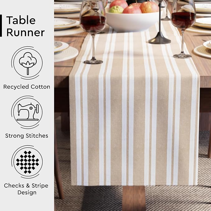 Encasa XO Cotton Dining Table Runner | Franca Beige Stripes | Size 13x104 in - Image 3