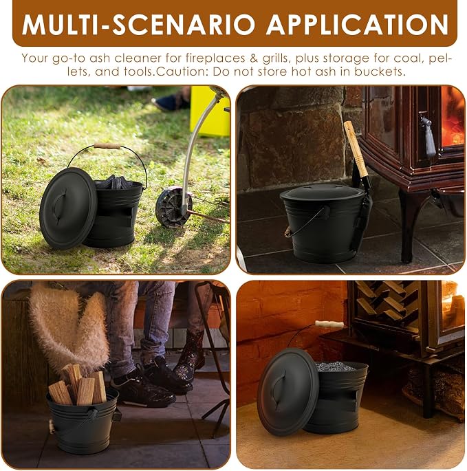 1.5 Gallon Ash Bucket with Lid and Shovel Broom Metal, Fireplace Ash Bucket - Image 3
