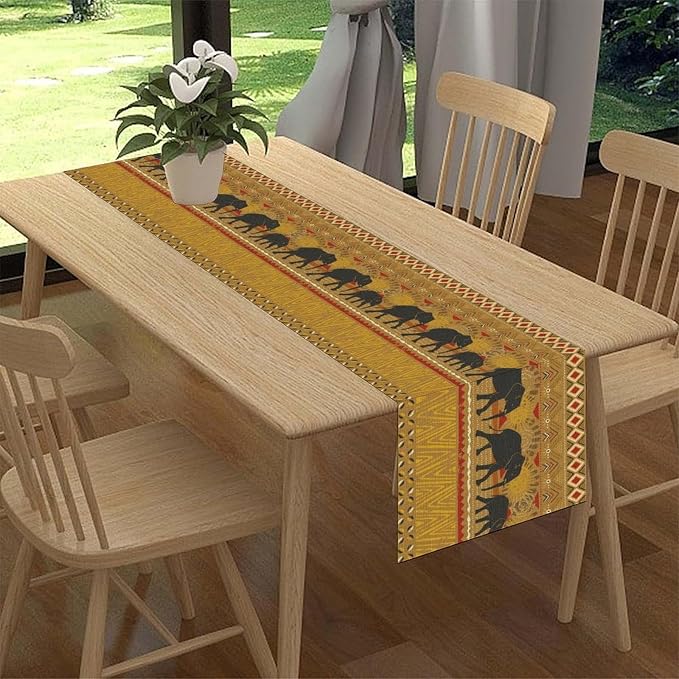 African Tribe Table Runner, Rustic Elephants Tribal Boho Diwali India - Image 2
