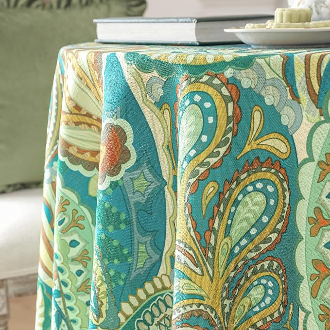Linen 67 Inch Round Tablecloth, Wrinkle Resistant French Green Tablecloth Print - Image 8