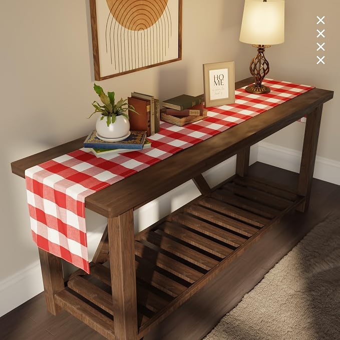Encasa XO Cotton Dining Table Runner | Buffalo Red Checks | Size 13x59 in - Image 2