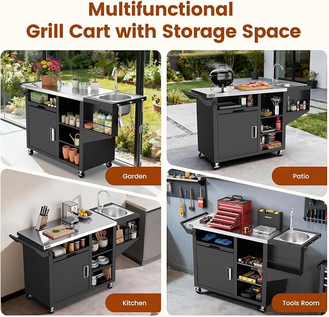 NUUK Grill Cart with Sink and Storage Cabinet Outdoor Kitchen Island Prep Table - Image 4
