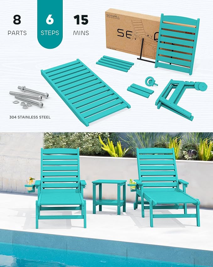 SERWALL Patio Chaise Lounge Chair Set of 2, Poly Lounge Chair - Image 5
