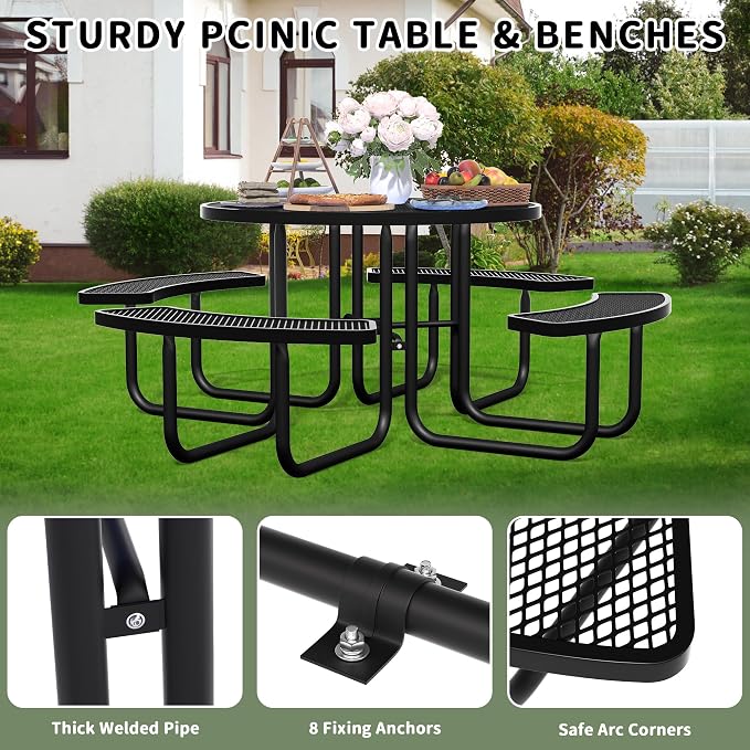 46'' Round Metal Picnic Table for Outdoors, Commercial Steel Metal Picnic Tables - Image 6