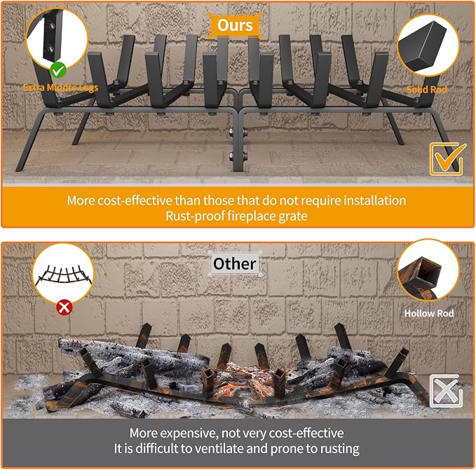 Heavy Duty 27Inch Fireplace Grate, Solid Steel Log Rack - Image 6