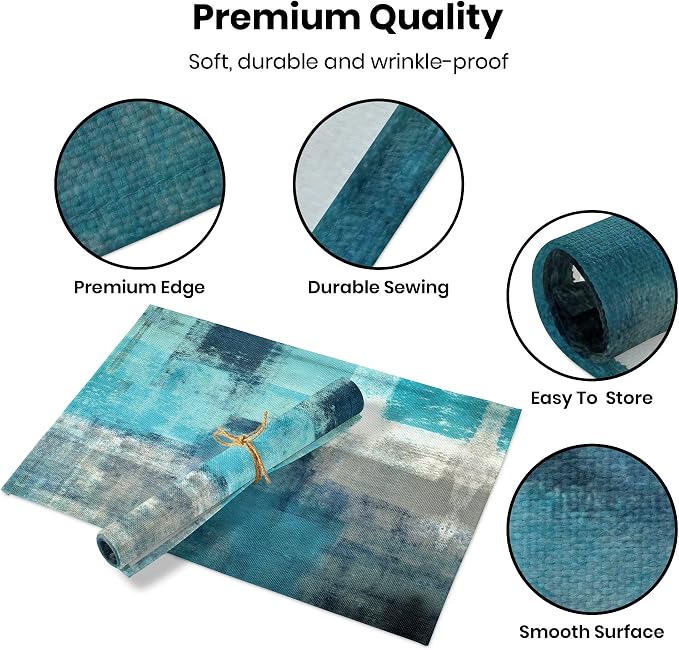 Modern Art Placemats Set of 4 Turquoise Abstract Painting Place Mats Washable - Image 2