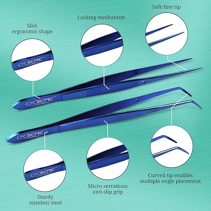 Tweezers, Curved and Straight Tips, Blue Stainless Steel for Plating