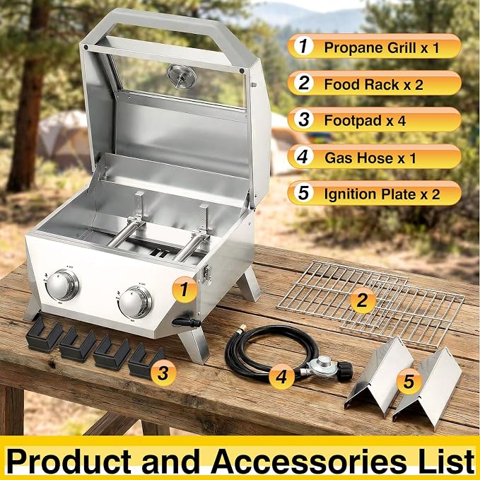 BESTFIRE 2-Burner Tabletop Propane Grill, 20000 BTU Stainless Steel Portable BBQ - Image 3