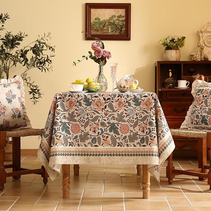 ISAENNE Designer Boho Floral Extra Long Tablecloth Rectangle, Linen Lotus - Image 3