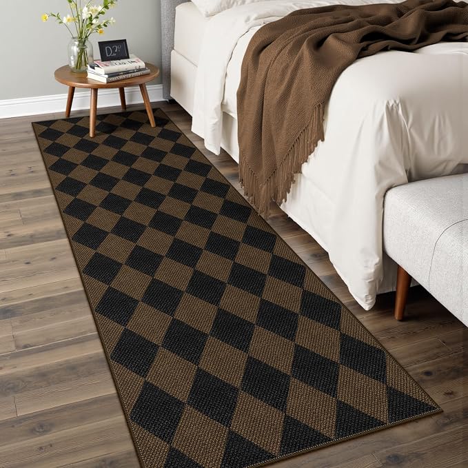 Easy Jute Checkered Runner Rug, 2.6x8 Coffee Modern Washable Rugs Runner - Image 7