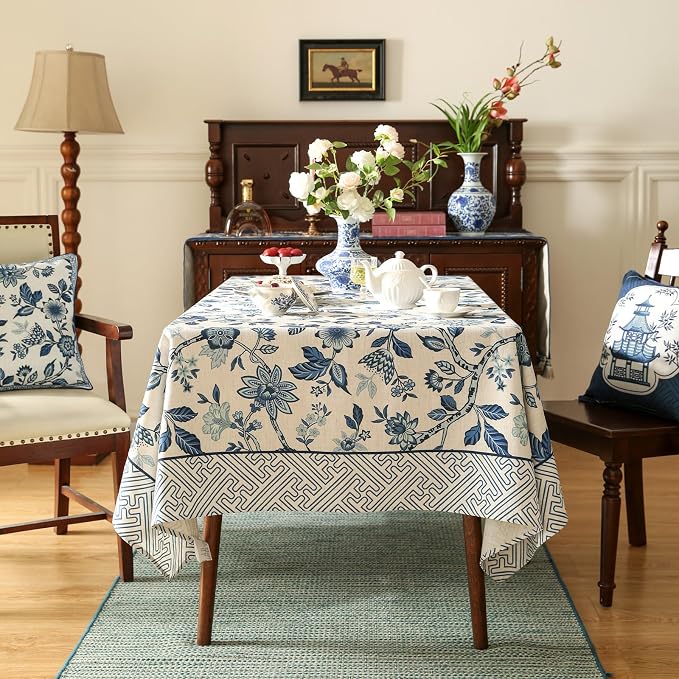 Vintage Blue and White Long Rectangle Tablecloth, French Linen Floral Wrinkle - Image 3