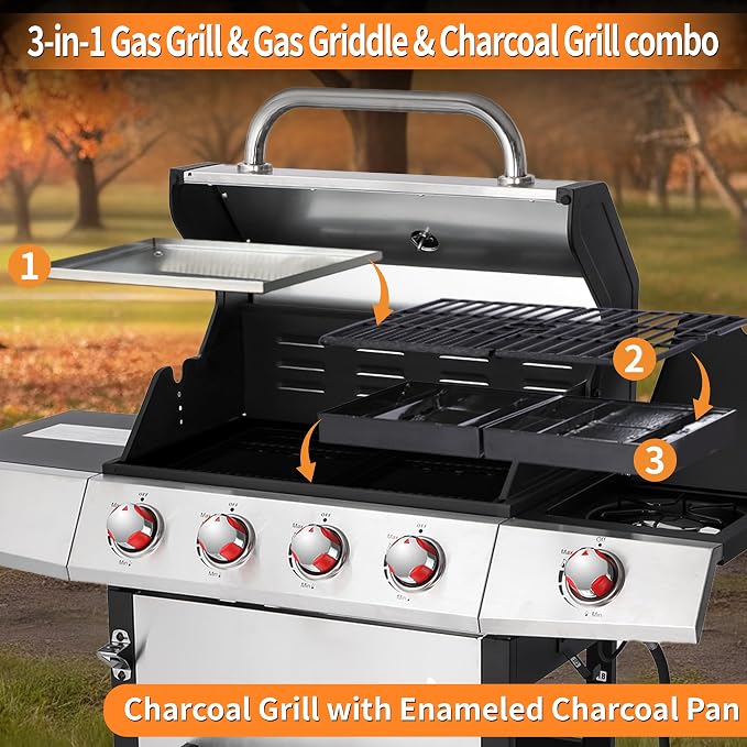 Griddle Grill Combo, Propane Gas and Charcoal Grill Combo, Outdoor BBQ Grills - Image 6