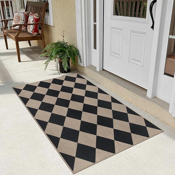 Easy Jute Checkered Entryway Rug, 2.6x4 Black Modern Indoor Outdoor Doormat - Image 5