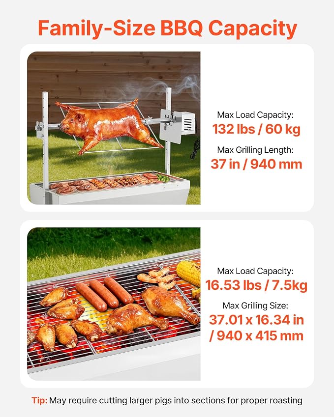 VEVOR Rotisserie Grill, 37in BBQ Outdoor Pig & Lamb Spit Roaster, Charcoal Spit - Image 3