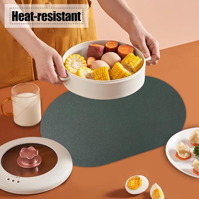 Faux Leather Placemats Set of 6 Oval Reversible Placemat Waterproof Green and - Image 5