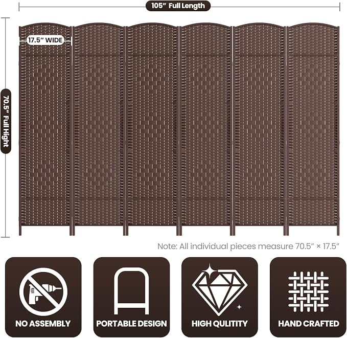 6 Panel Room Divider, 6Ft Folding Privacy Screen, Tall - Image 3