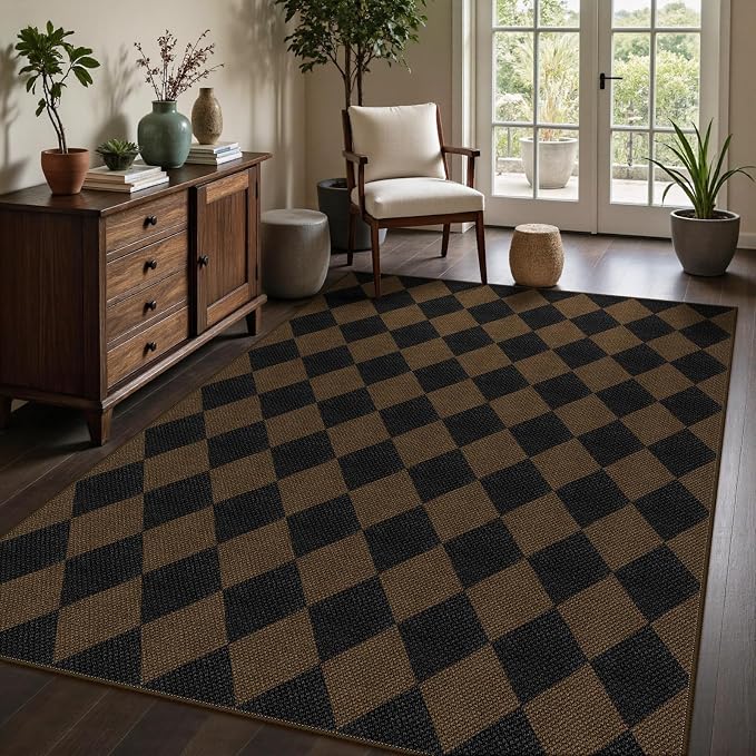 Easy Jute Coffee Checkered 5x7 Area Rug, Washable Modern Rugs - Image 5