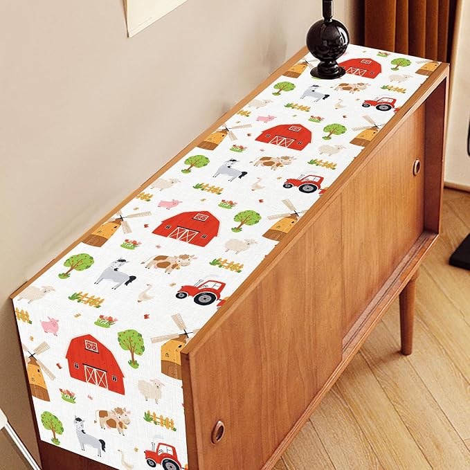 Farm Animals Table Runner, Rustic Farmhouse Cow Pig Rooster Watercolor Coffee - Image 3