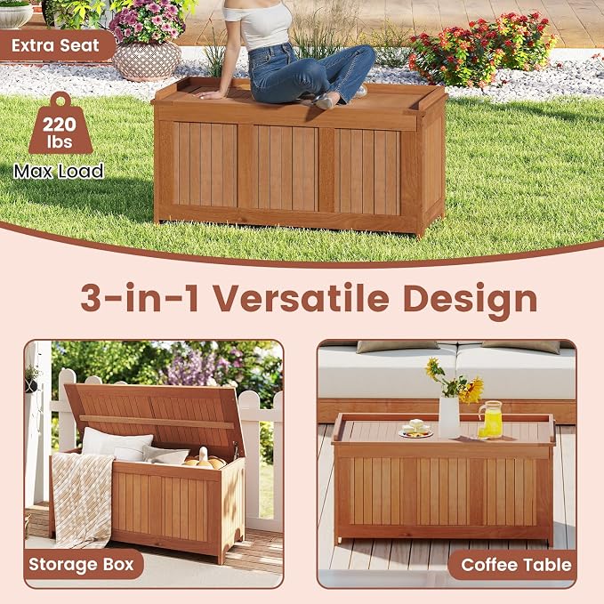 Tangkula 58 Gallon Wood Outdoor Storage Box, 3-in-1 Patio Storage Bench - Image 8