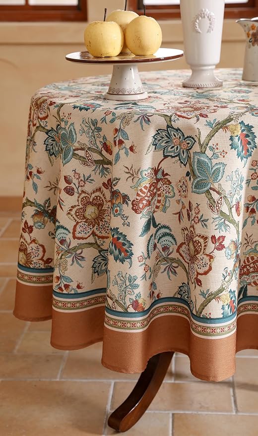 Designer Vintage Linen Small Round Tablecloth, Indian Style Wrinkle Free Orange - Image 4