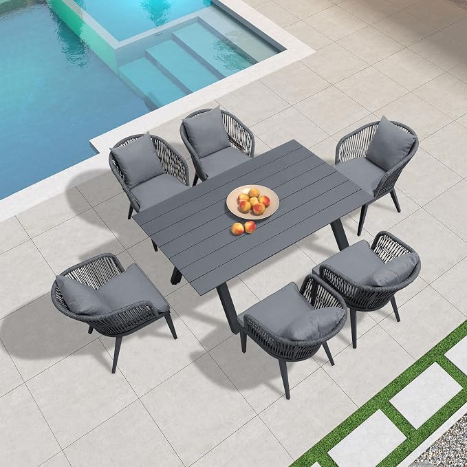 PURPLE LEAF 7 Pieces Patio Dining Set Wicker Outdoor Furniture Rectangular - Image 3