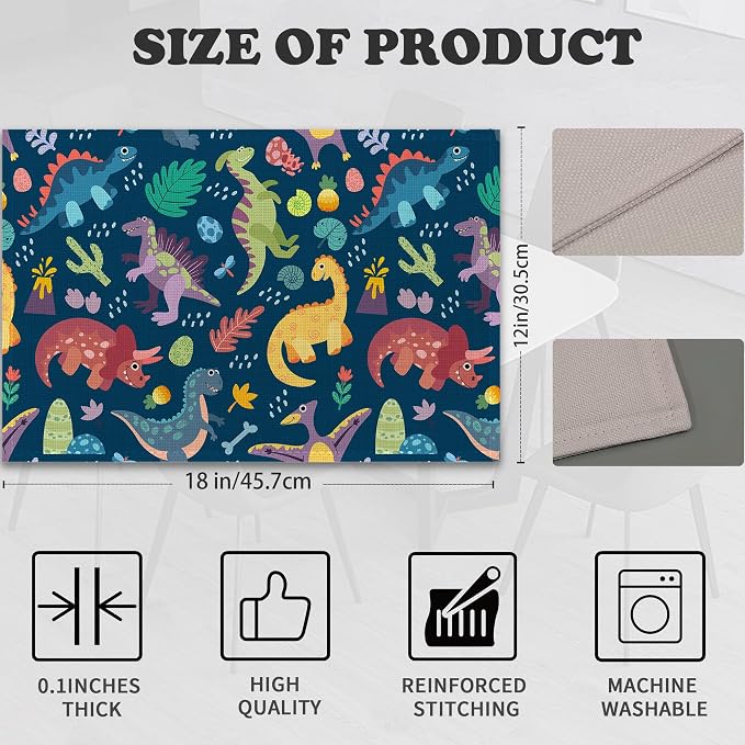 Dinosaur Placemats Set of 6, Cute Tropical Leaves Heat Resistant Table Mats - Image 2