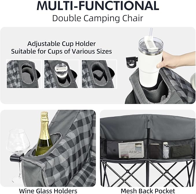 Camping Chair for Two, Padded Grey Loveseat with Cup Holders