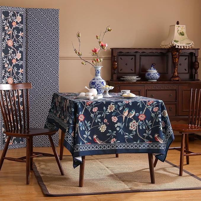 patdrea Designer Dark Blue Linen Rectangular Tablecloth, Vintage Navy French - Image 7