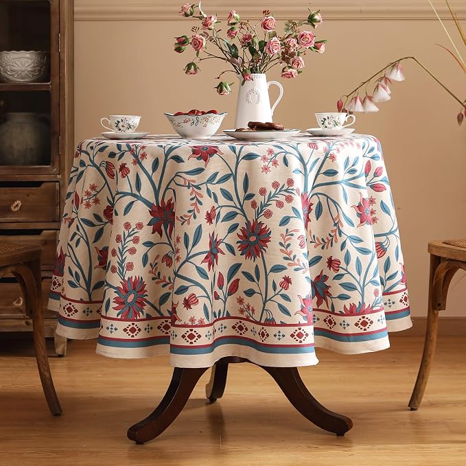 Designer Linen Floral Small Round Tablecloth, Vintage William Morris Wrinkle - Image 2