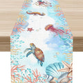 Blue Coastal Table Runner, Nautical Starfish Turtle Seashell Coral Shell Beach by Unknown