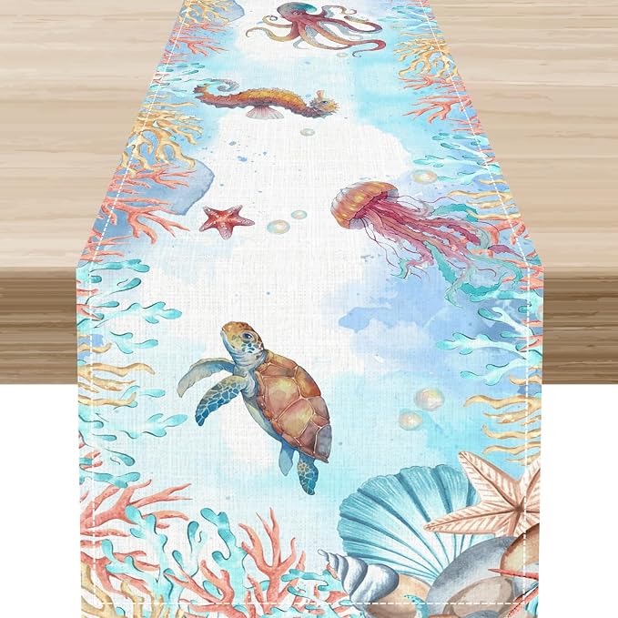 Blue Coastal Table Runner, Nautical Starfish Turtle Seashell Coral Shell Beach by Unknown