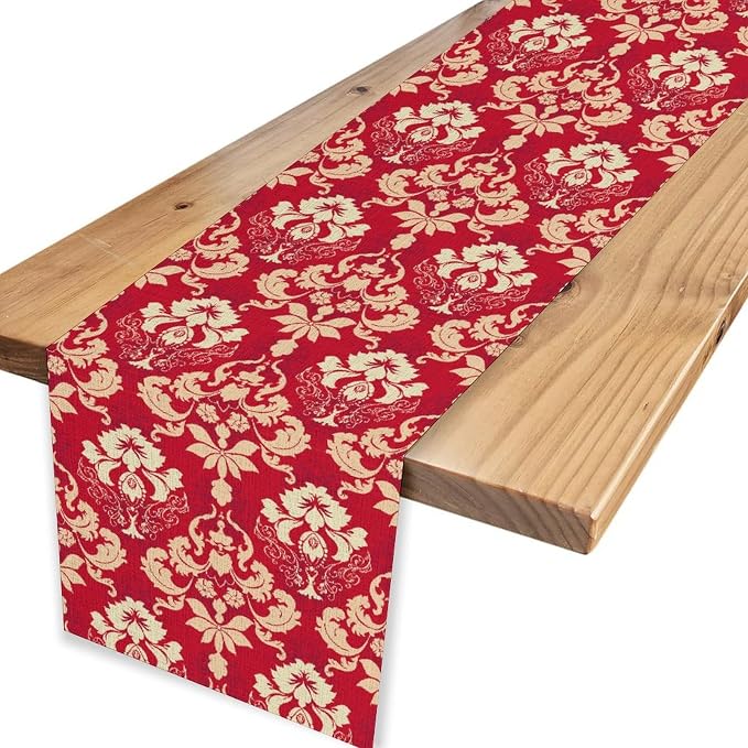 Damask Table Runner, Rustic Gothic Red Baroque Style Floral Boho Flower Antique - Image 4