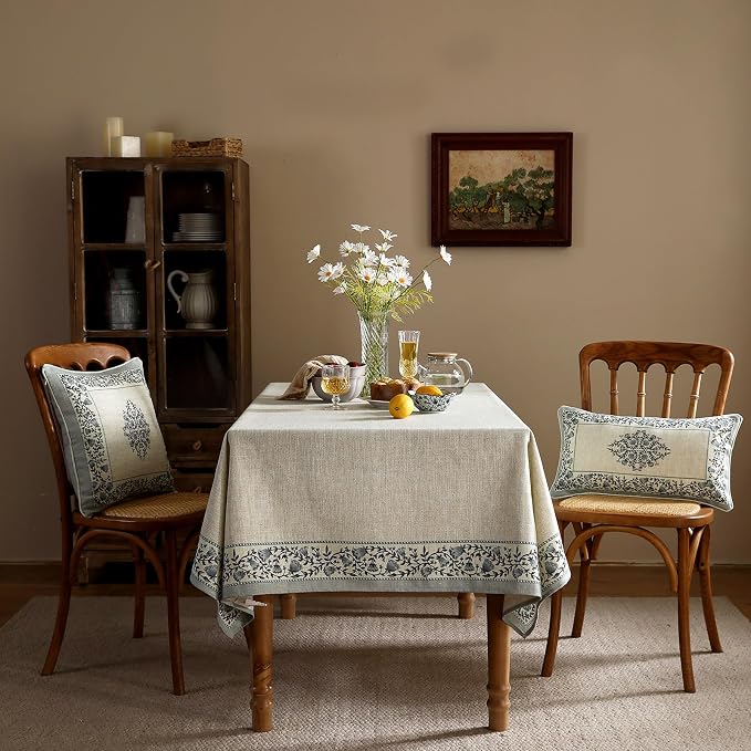 ISAENNE Designer Vintage Linen Elegant Long Tablecloth Rectangular, Chinoiserie - Image 3