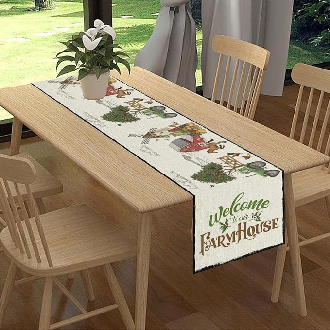 Farmhouse Horse Table Runner, Rustic Rooster Truck Tree Butterfly Animals - Image 2