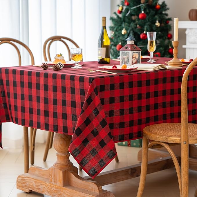 Gingham Christmas Tablecloth Heavy Duty Cotton Blend Red 60x102 inch Plaid by Yofori