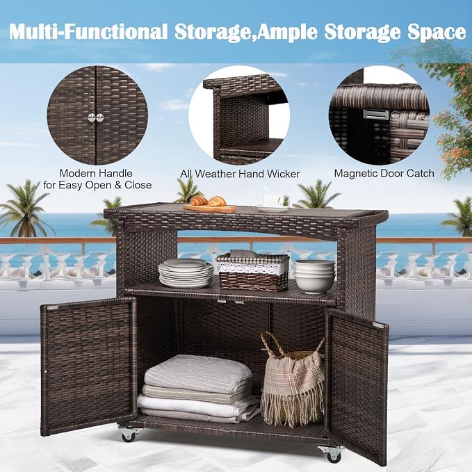 Outdoor Bar Cart with Storage Cabinet Patio Wicker Sideboard Buffet Cabinet - Image 7