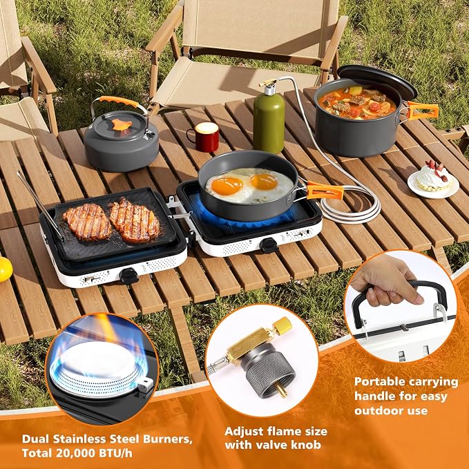 Hisencn Camping Stove, 2 Burner Propane Stove, 20000 BTU/h Camping Cooking set - Image 4