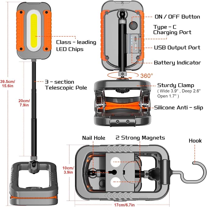 Rechargeable Work Light with Clamp, 3000LM Clip on Lamp with Magnet, Telescopic - Image 7